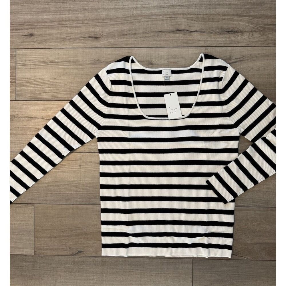 A‎ New Day Women's Square Neck Pullover Sweater Black/Cream Striped 3xl Ribbed